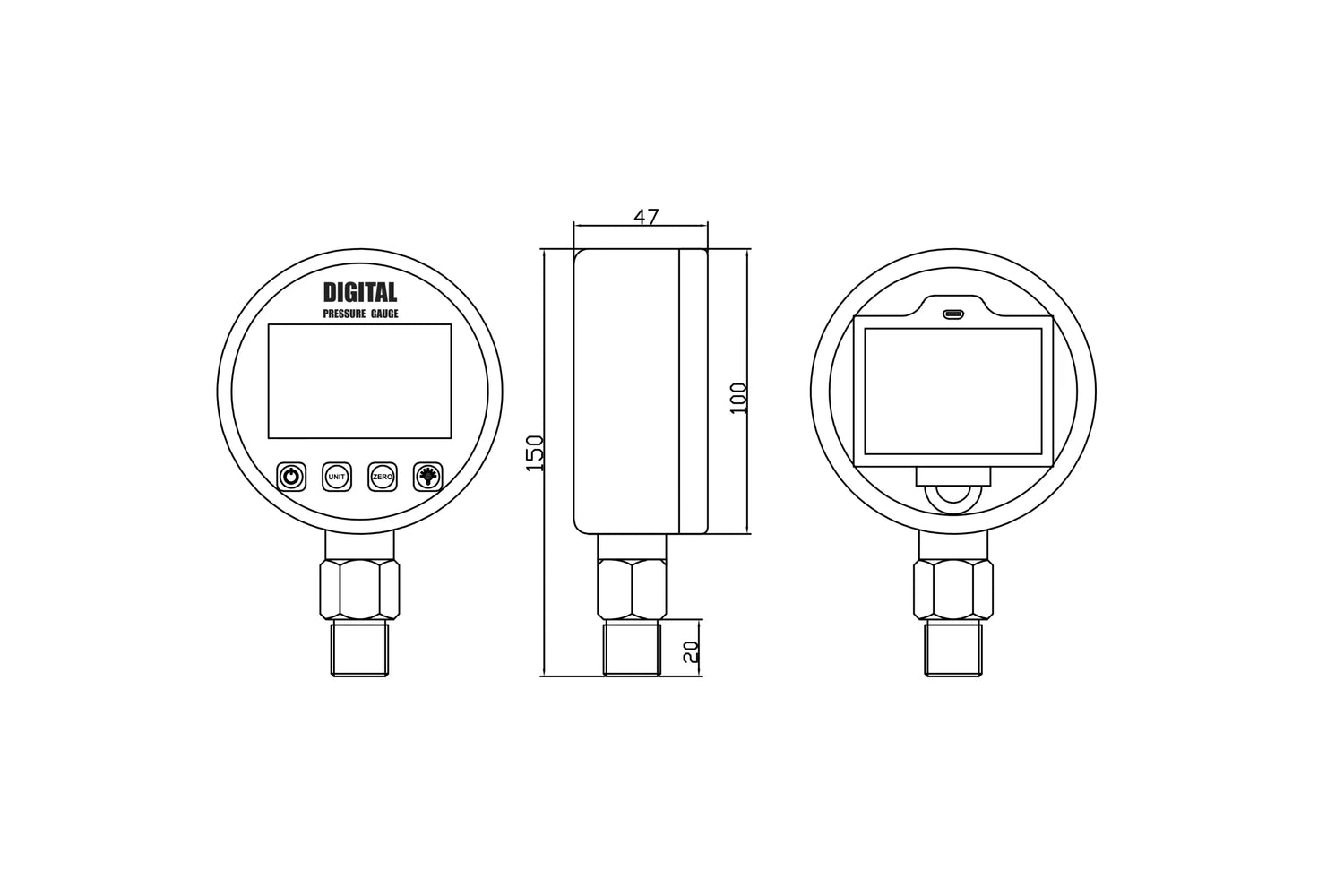 dimensional drawing of wesen d200 series digital pressure gauge