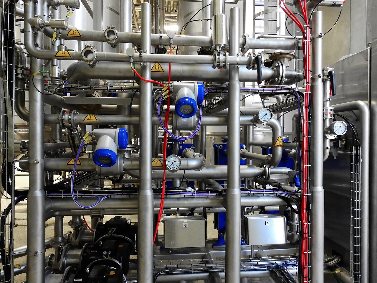 stainless steel pressure gauges, flowmeters and ball valves are working on the piping system