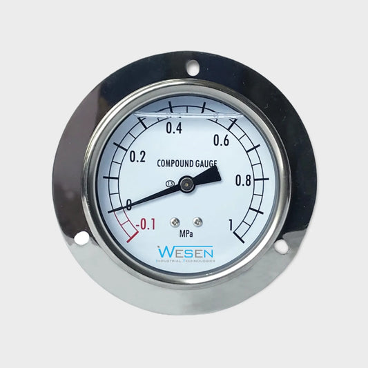 Stainless Steel Compound Gauge 75mm Dial Glycerin Filled Front Flange 3 Hole