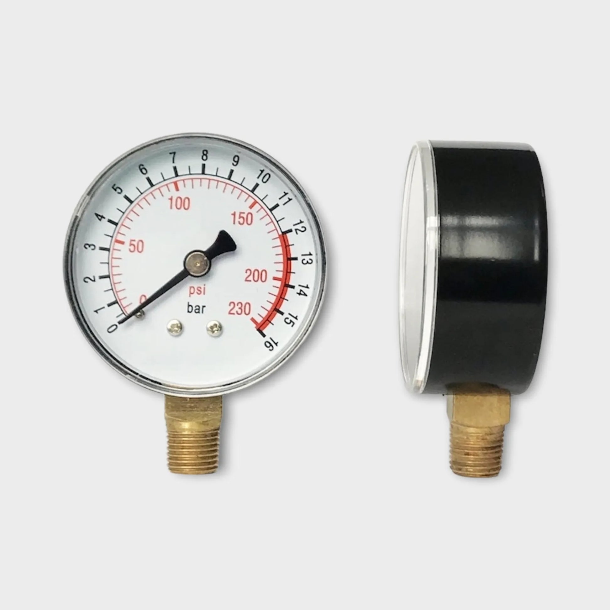 Gas Pressure Manometer 16 bar Lower Mount Brass Internals ABS Lens Side View