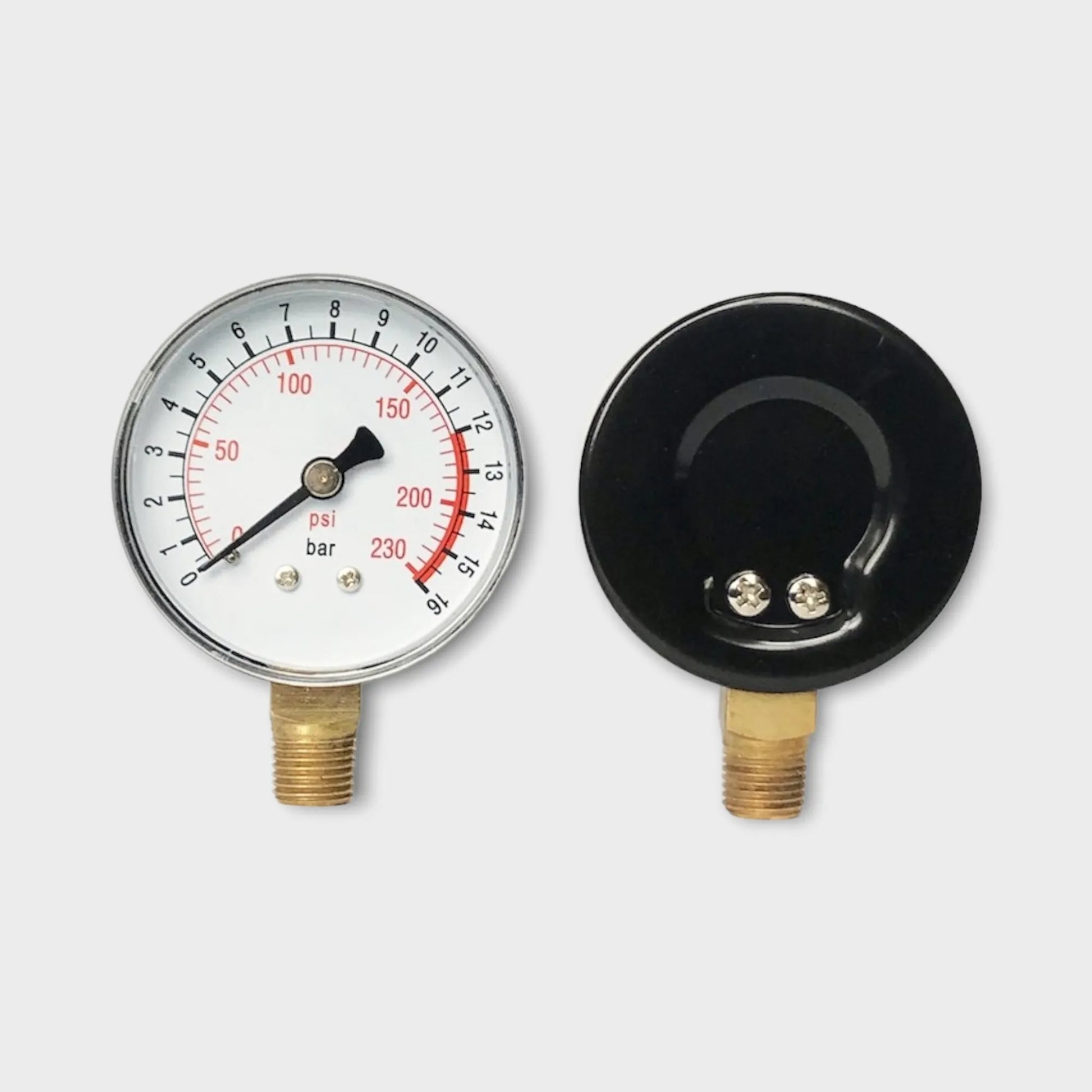 Gas Pressure Manometer 16 bar Lower Mount Brass Internals ABS Lens Back View